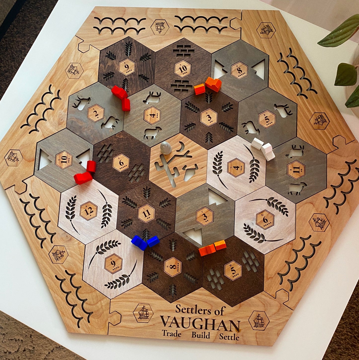 Personalized Wood Settler GAME Board - 2-6 Player Game Board + Number Tokens + Harbor Pieces