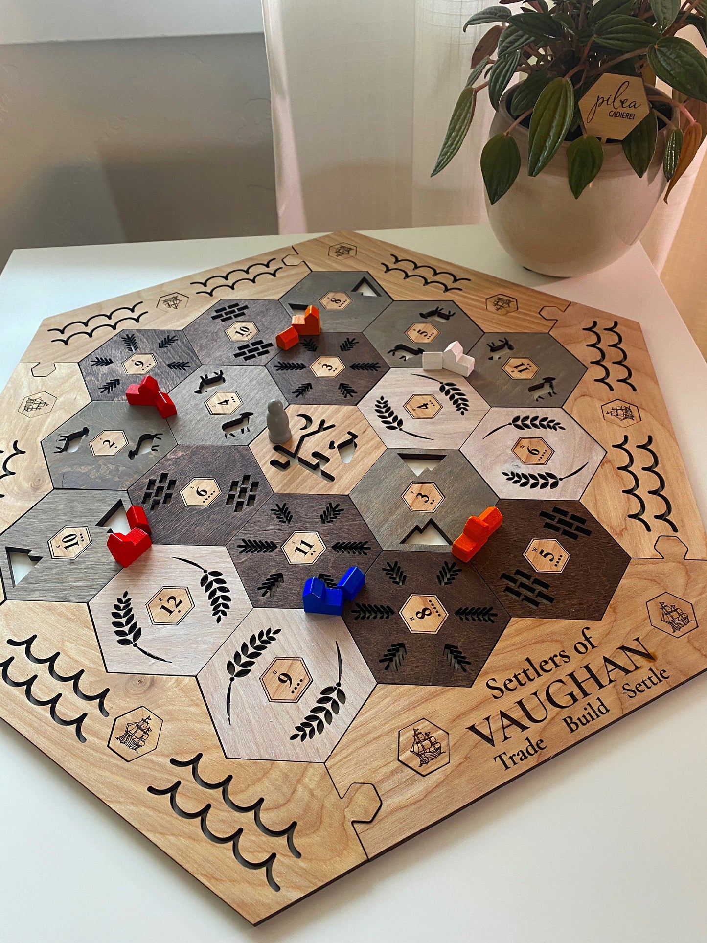 Personalized Wood Settler GAME Board - 2-6 Player Game Board + Number Tokens + Harbor Pieces