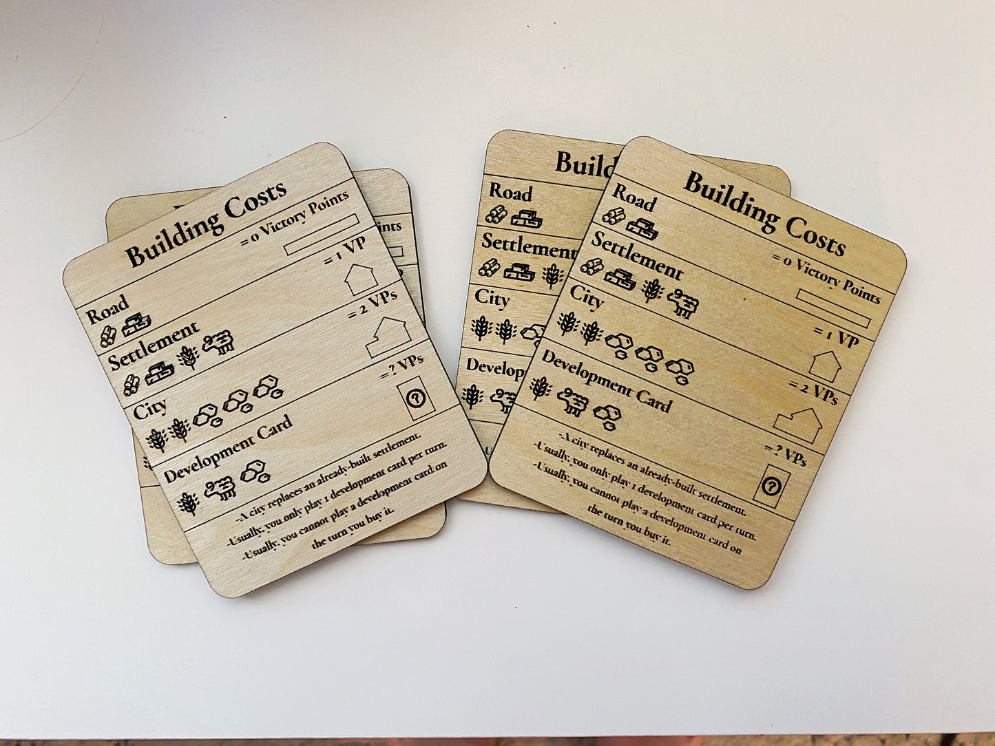 Settler Game - Longest Road - Largest Army - Building Costs - Wood Cards