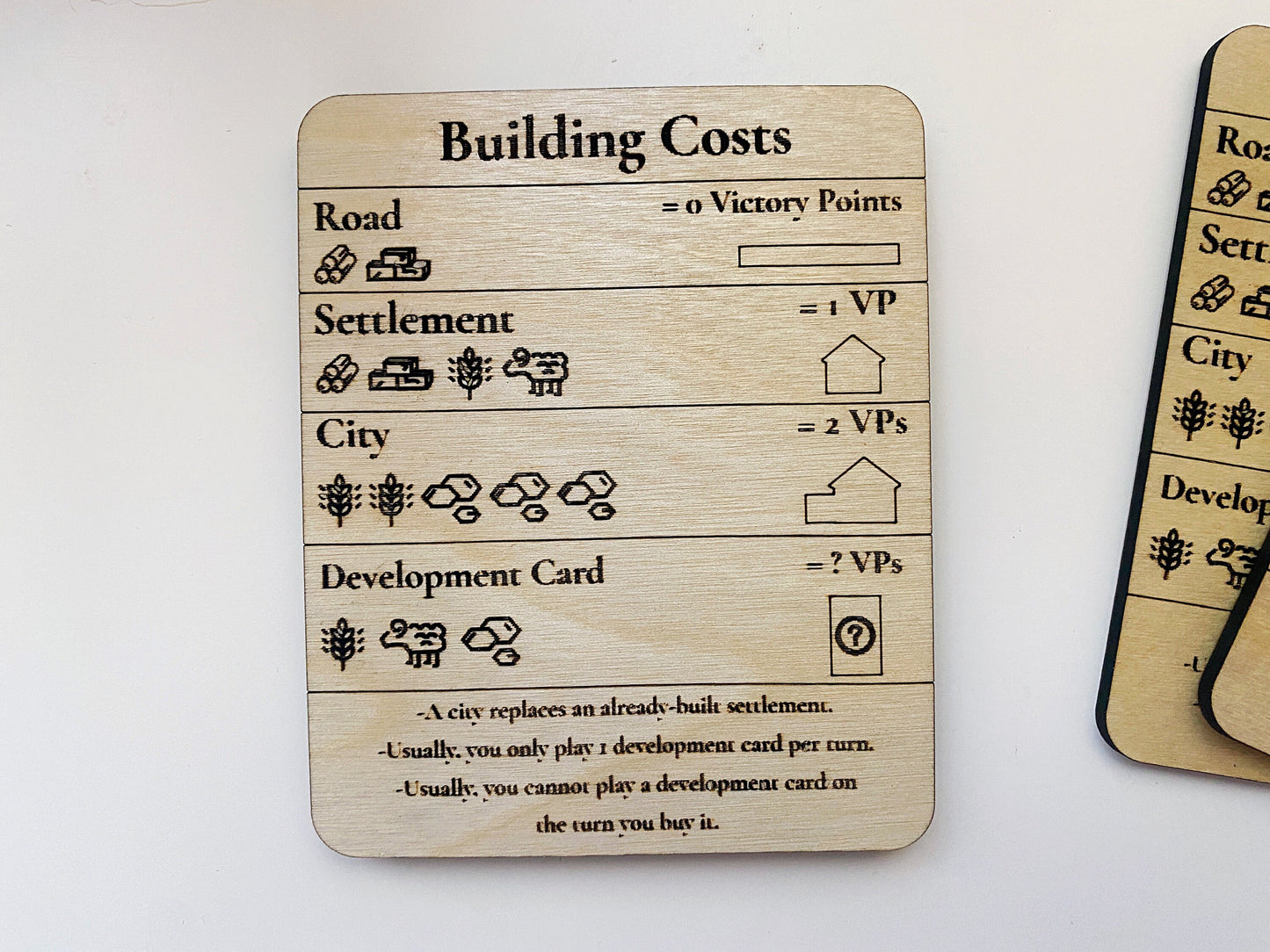 Settler Game - Longest Road - Largest Army - Building Costs - Wood Cards